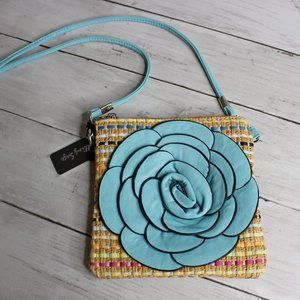 Vintage Crossbody Shoulder Bag Blue Tan Woven